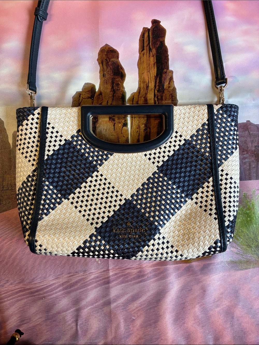 kate spade Blue & Cream Woven crossbody Bag with Top Handles.